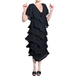 Vintage Ann Hobbs Black Dress Tiered Chiffon with Rosette 80s 90s Size M